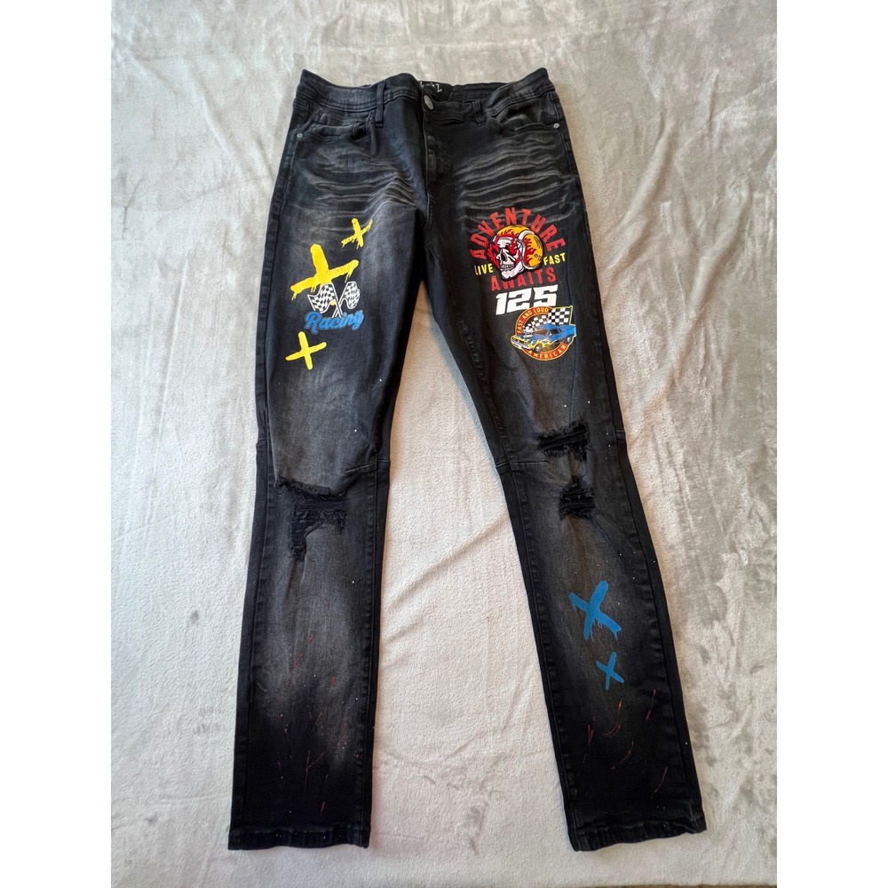 rue21 Jeans Mens 36/32 Black Graphic Distressed Moto Racing Paint Drip